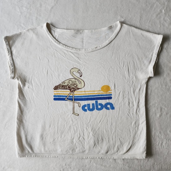 Cuba Flamingo Shirt Womens Medium Crop Top T-Shirt White Tee Cuban Cotton 90s - Picture 7 of 12